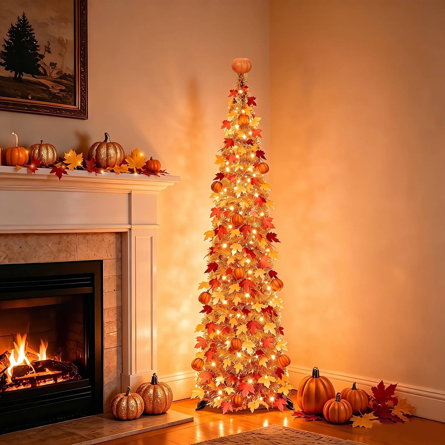 5 Ft Lighted Maple Leaf Tree, Waterproof Tinsel Fall Decoration with 50 Warm White LED Lights and Pumpkin Ornaments, Battery Operated Thanksgiving Decor