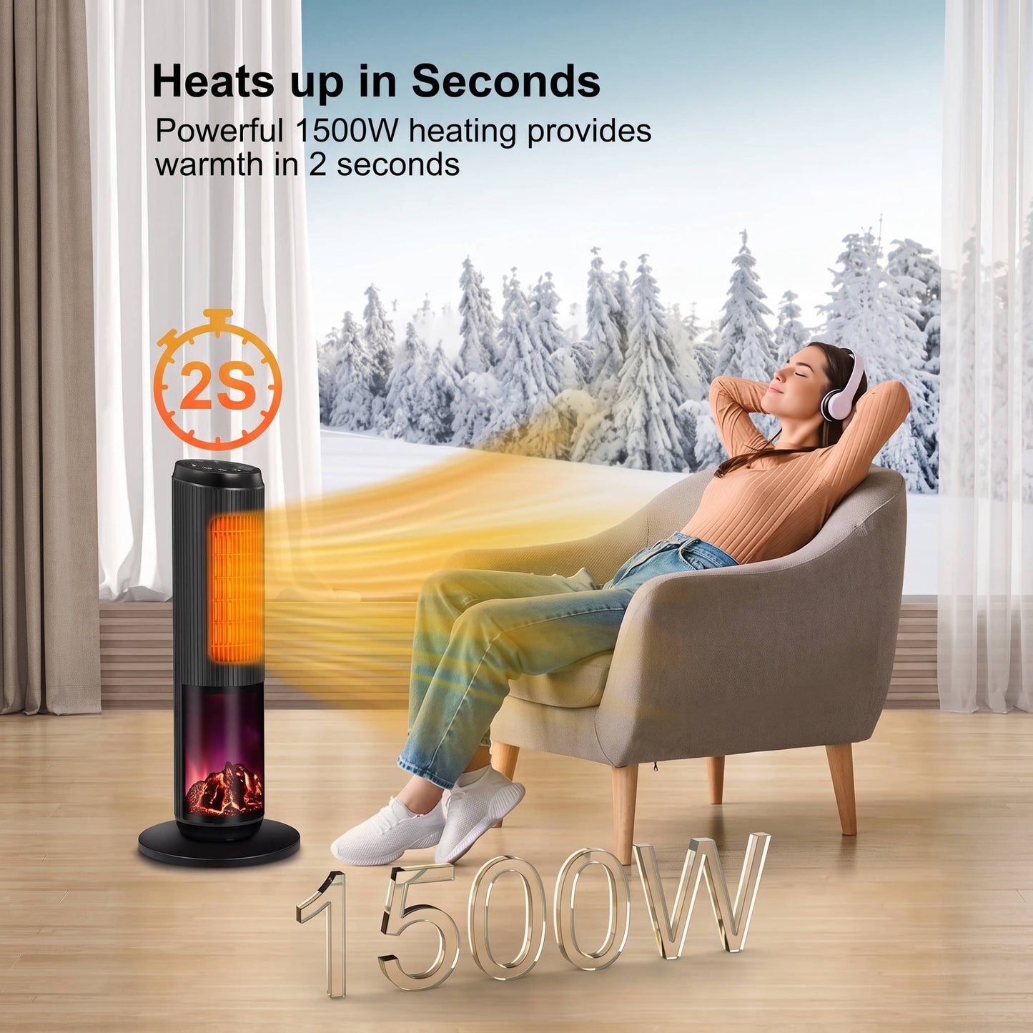 27 inches Ceramic Tower Space Heater, Electric Heater for Large Rooms with 3D Flame, Oscillation and Remote Control