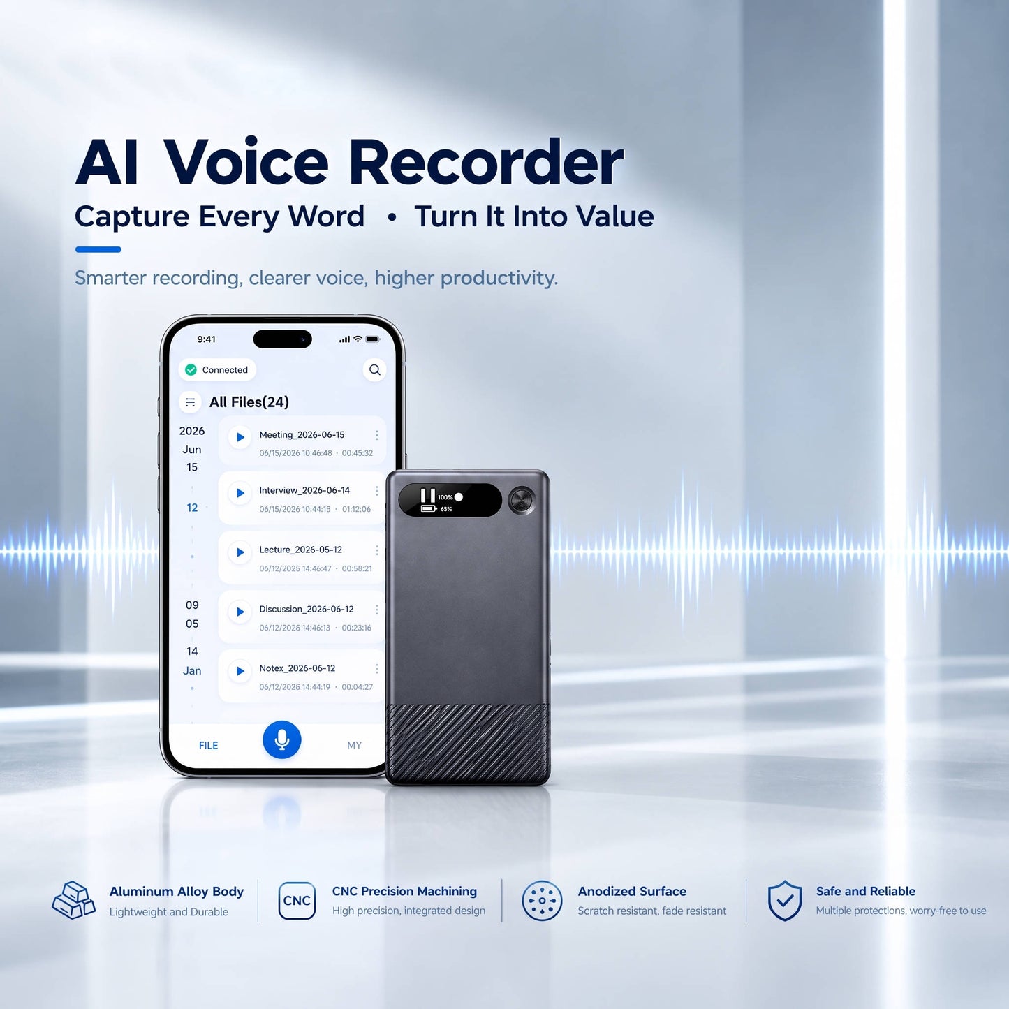 AI Voice Recorder, Smart Meeting Notes, Real Time Translation and AI Noise Reduction, Portable Digital Audio Recorder