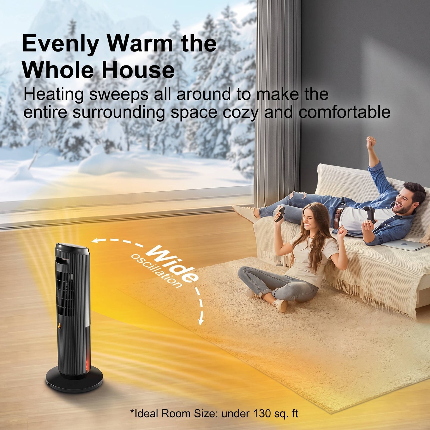 27 inches Ceramic Tower Space Heater, Electric Heater for Large Rooms with 3D Flame, Oscillation and Remote Control