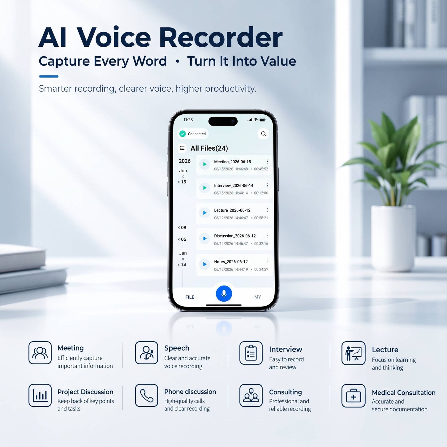 AI Voice Recorder, Smart Meeting Notes, Real Time Translation and AI Noise Reduction, Portable Digital Audio Recorder