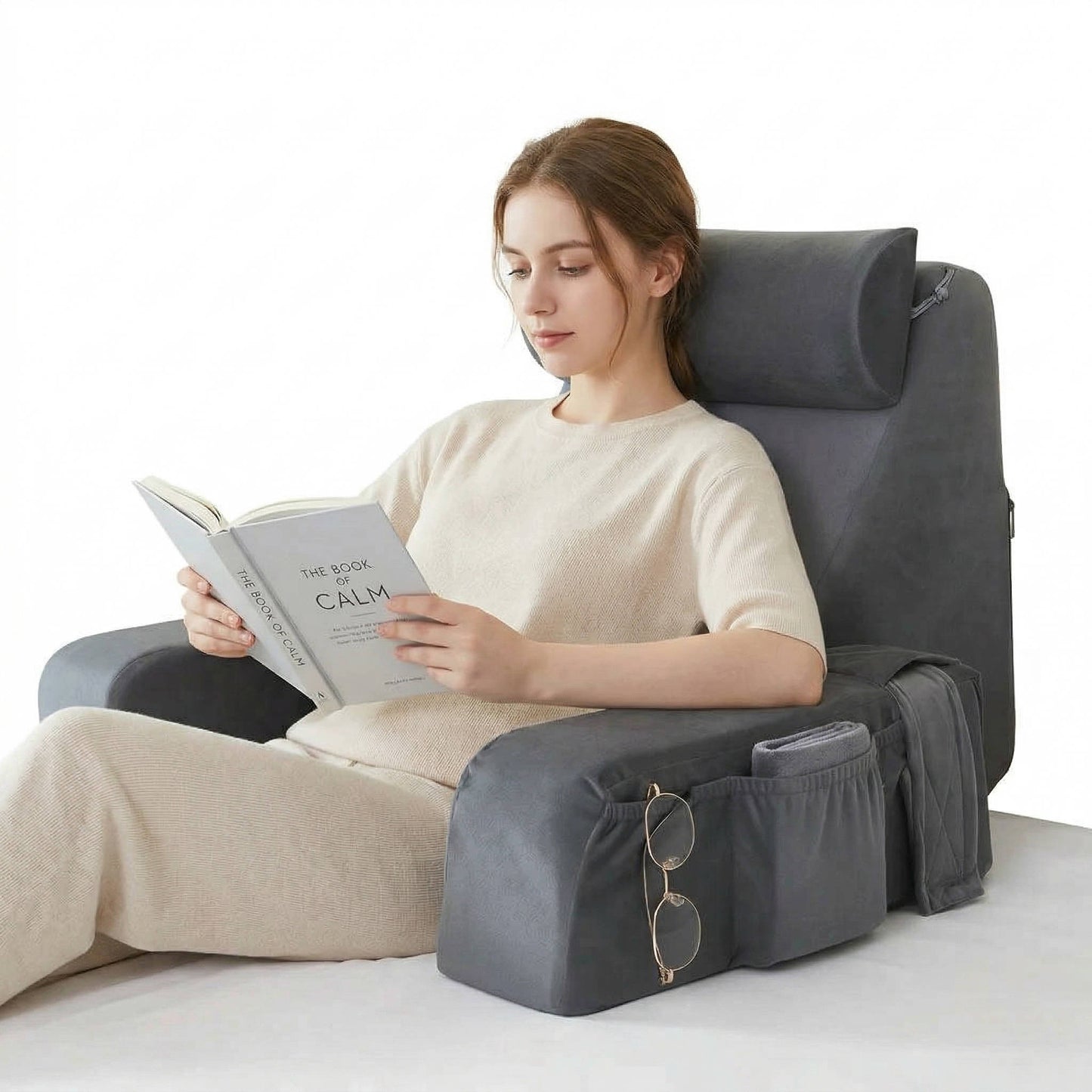 Memory Foam Bed Rest Pillow with Arms & Big Pockets for Adults, Reading Pillow for Bed