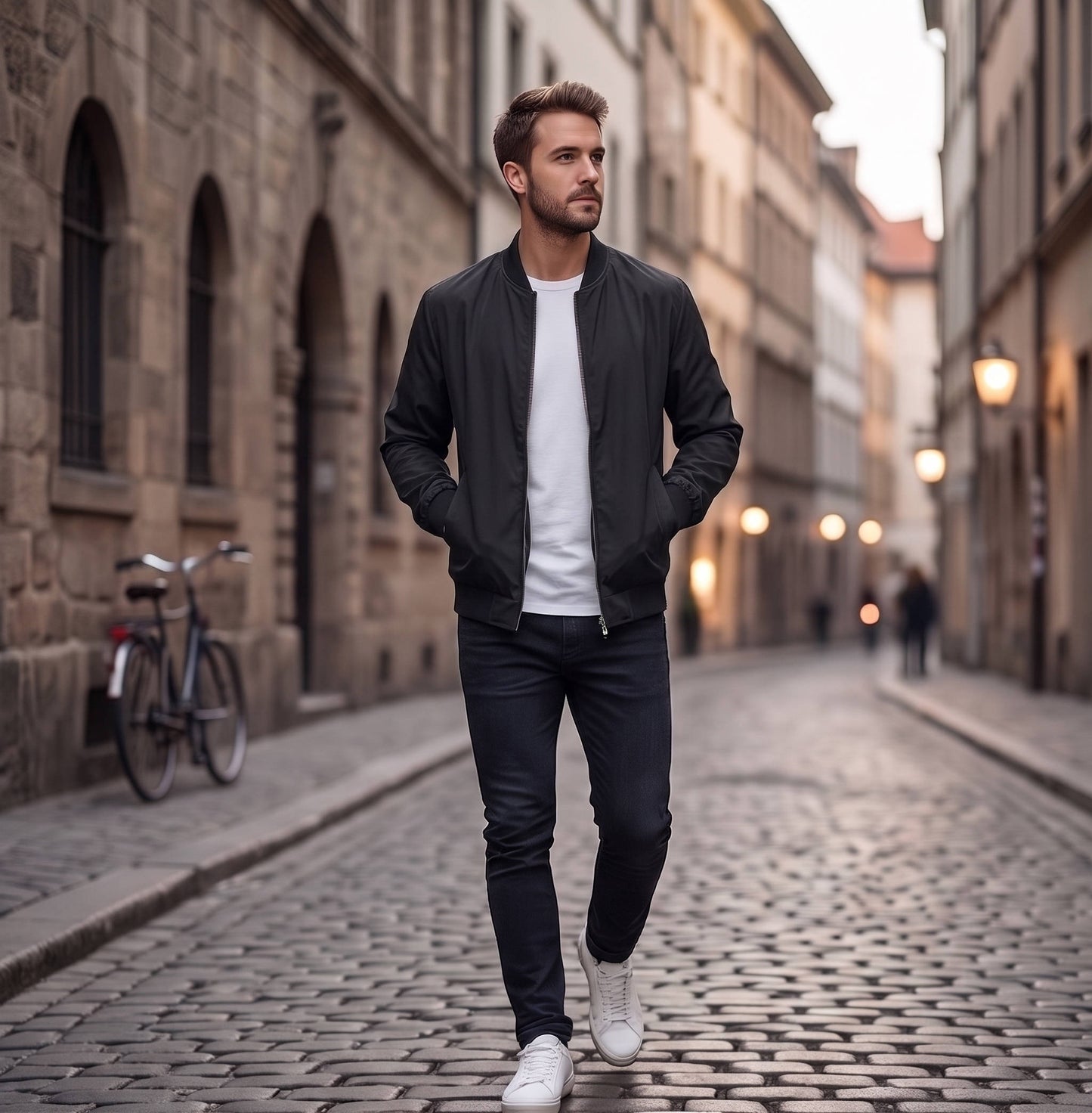 Mens Bomber Jacket with Metal Zipper and Rib Knit Trim for Spring Fall