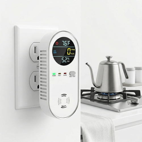 4 in 1 Plug in Carbon Monoxide and Natural Gas Detector, CO, Propane & Gas Alarm with Temp & Humidity Display, Home Safety Monitor