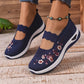 Breathable Mary Jane Sneakers with Floral Embroidery and Elastic Instep Strap