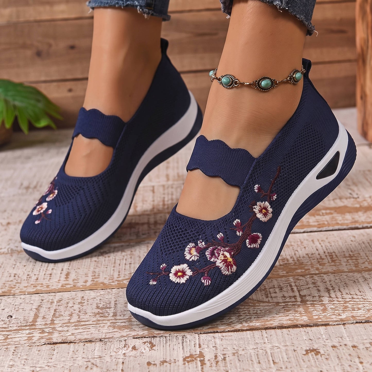 Breathable Mary Jane Sneakers with Floral Embroidery and Elastic Instep Strap