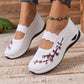 Breathable Mary Jane Sneakers with Floral Embroidery and Elastic Instep Strap