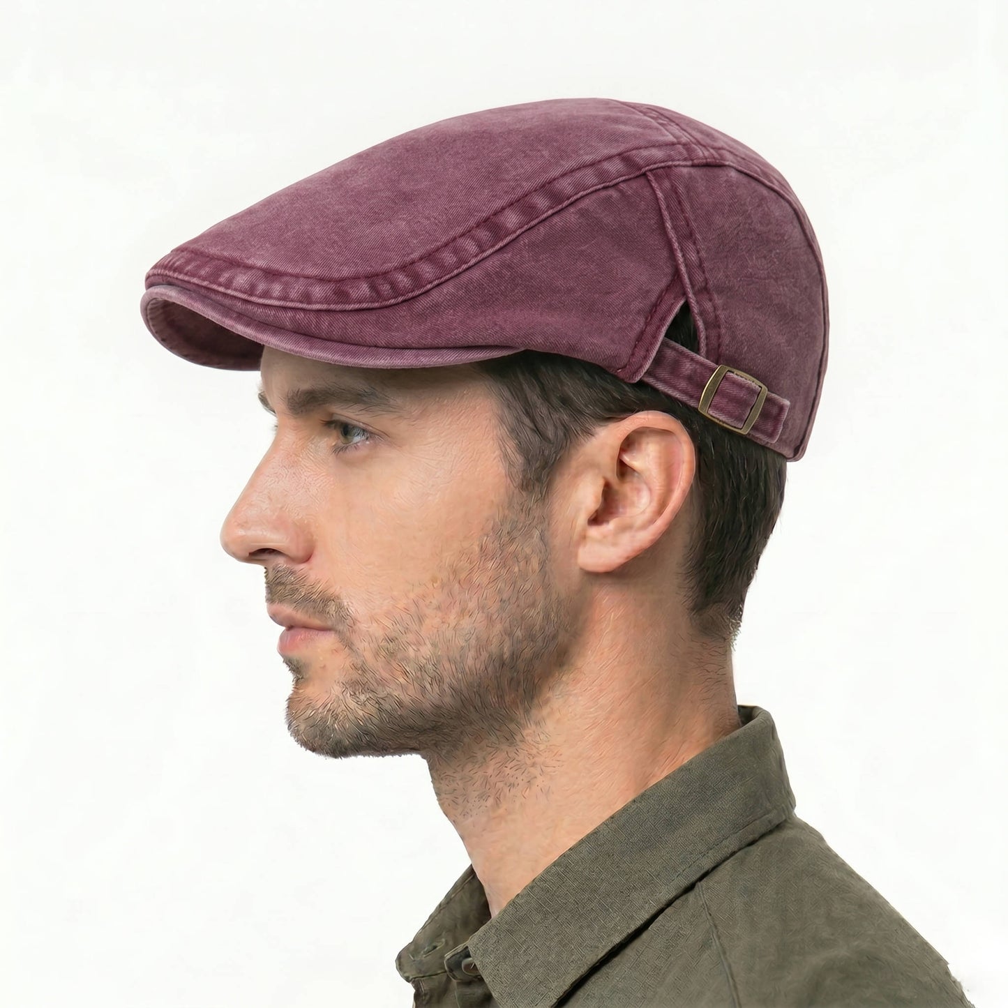 Washed Cotton Denim Newsboy Cap with Adjustable Interior Band and Eight Panel Design