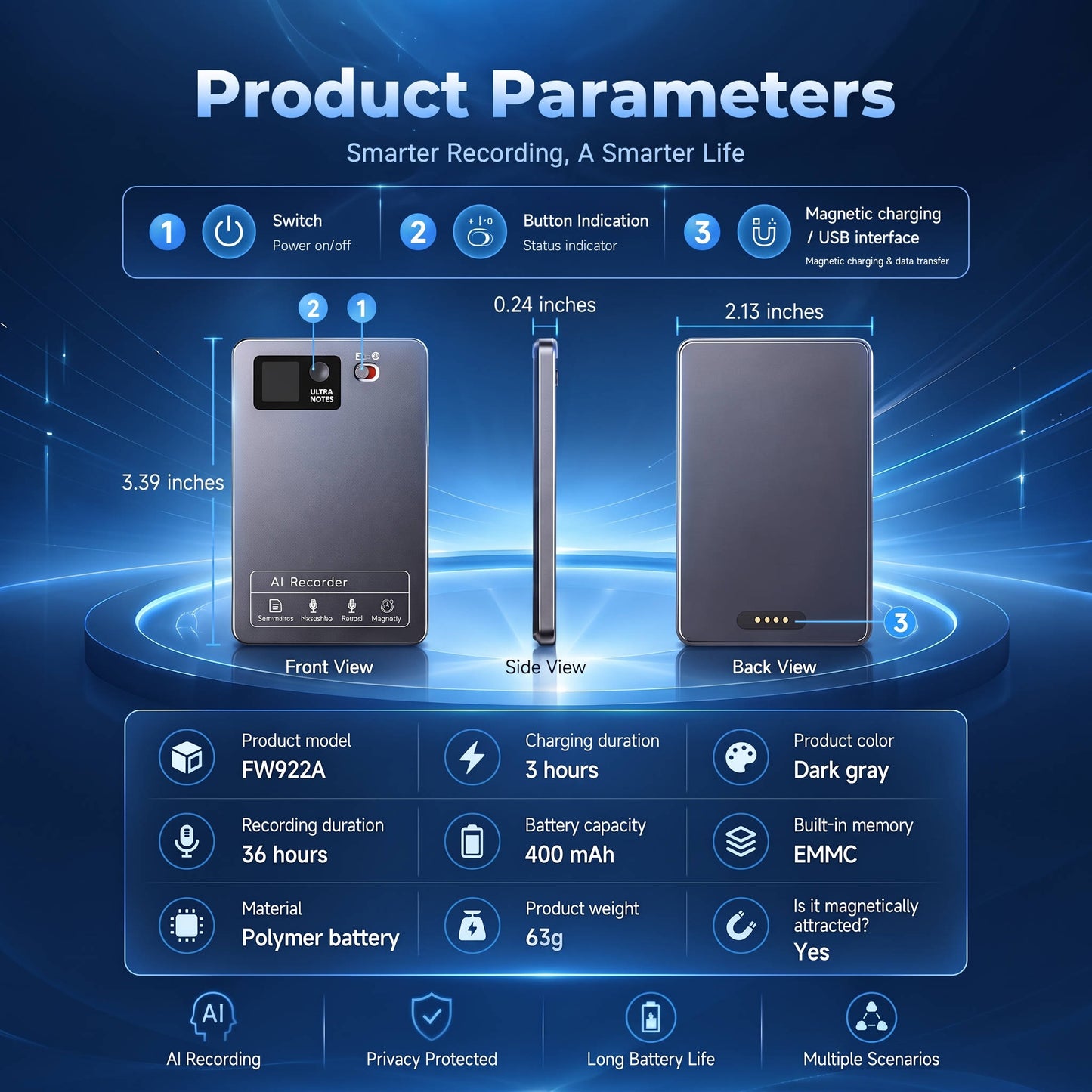 AI Voice Recorder, Smart Meeting Notes, Real Time Translation and AI Noise Reduction, Portable Digital Audio Recorder
