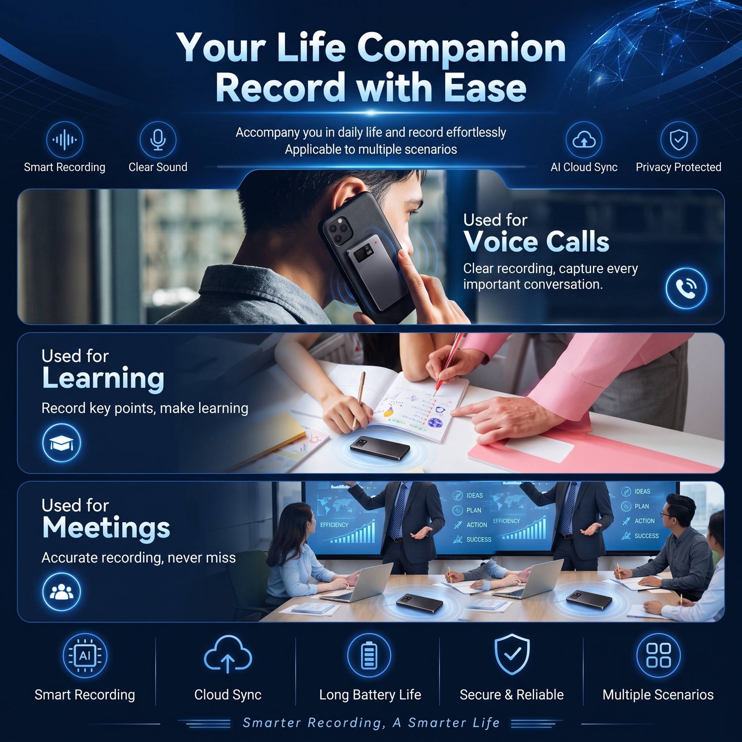 AI Voice Recorder, Smart Meeting Notes, Real Time Translation and AI Noise Reduction, Portable Digital Audio Recorder
