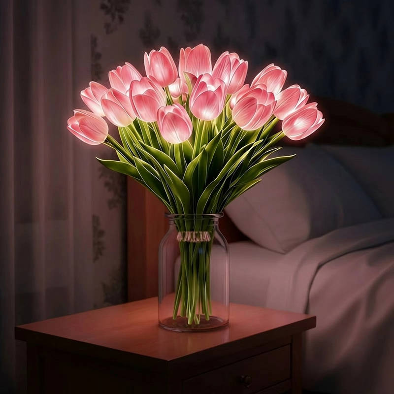LED Tulip Night Light, Artificial Flower Table Lamp with Real Touch Petals, Battery Operated Lighted Tulip Bouquet for Bedside, Office & Home Decor
