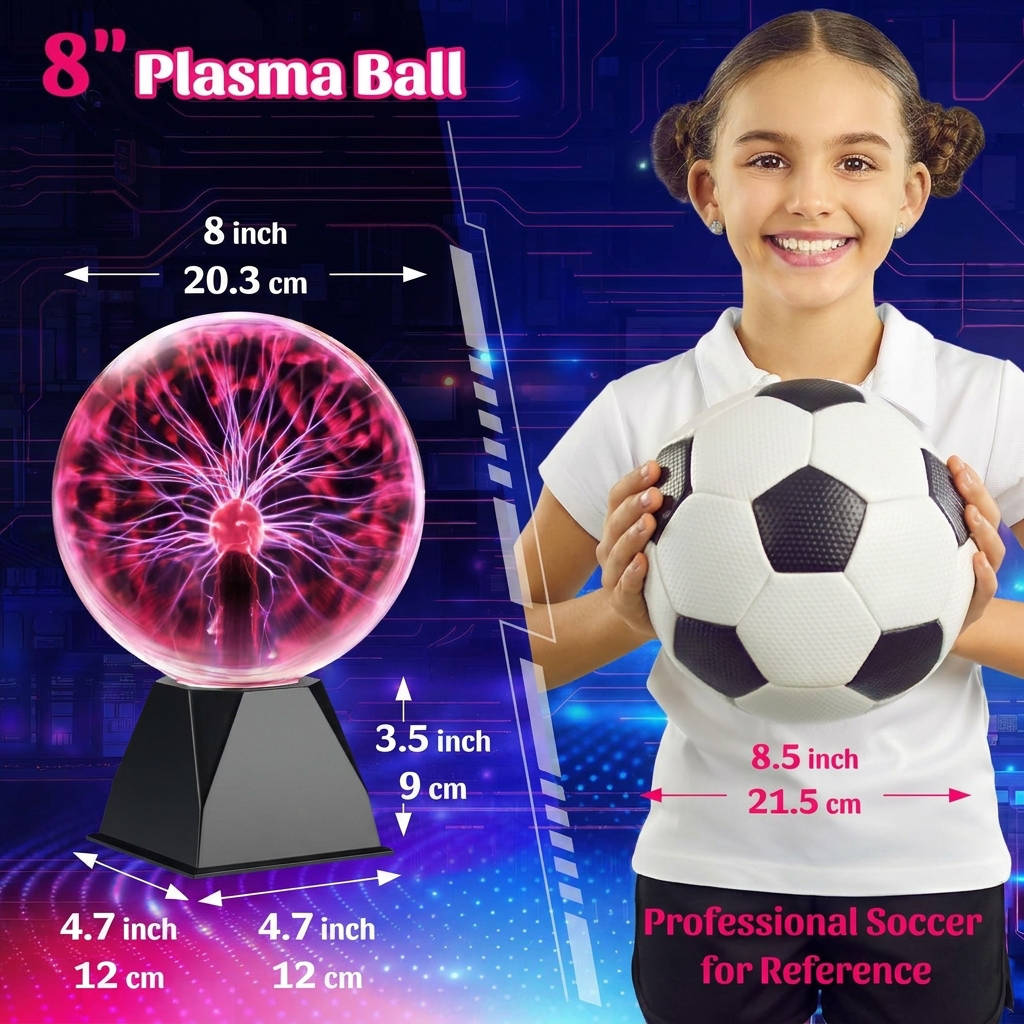8 Inch Huge Plasma Globe, Touch & Sound Sensitive Electric Lightning Ball Lamp for Home Decor and Parties