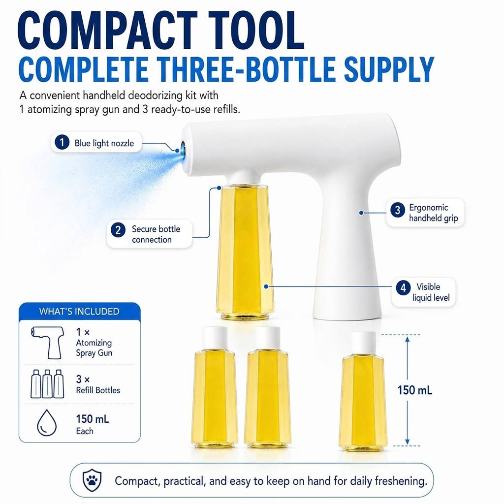 Blue Light Deodorizer, Nano Odor Eliminator Spray Kit for Dog & Cat Urine, Litter Box, Carpet and Fabric