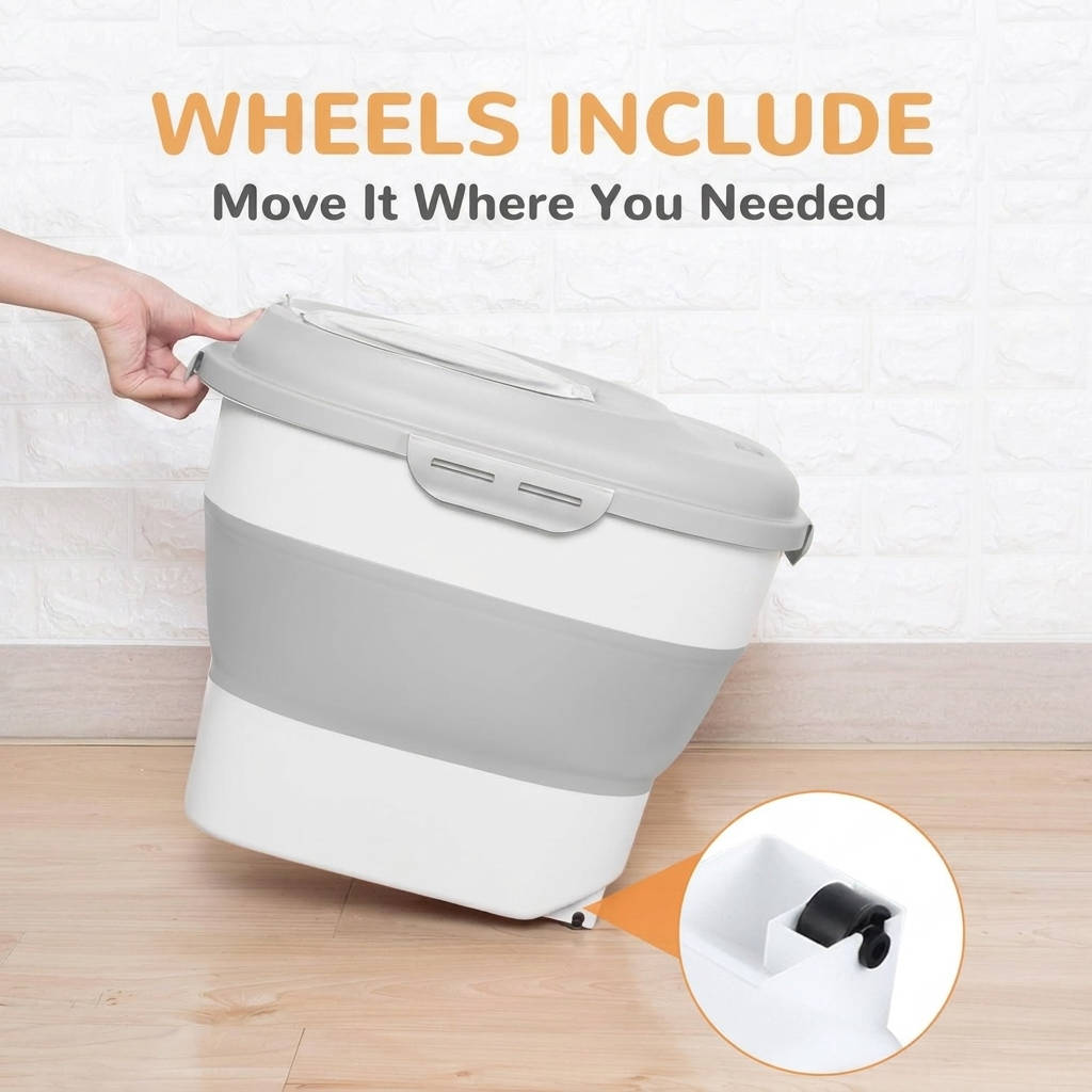 30 to 35 Lbs Dog Food Storage Container, Collapsible Airtight Pet Food Storage with Wheels, Scoop and 2 Containers