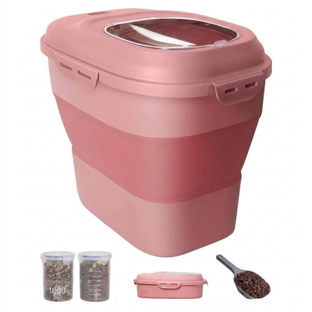 30 to 35 Lbs Dog Food Storage Container, Collapsible Airtight Pet Food Storage with Wheels, Scoop and 2 Containers