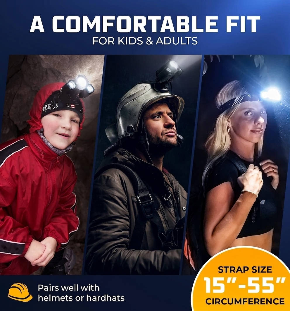 USB Rechargeable LED Headlamp, 1080 Lumen, Red Light, Zoomable IPX54 Headlight for Camping, Hiking and Hard Hats