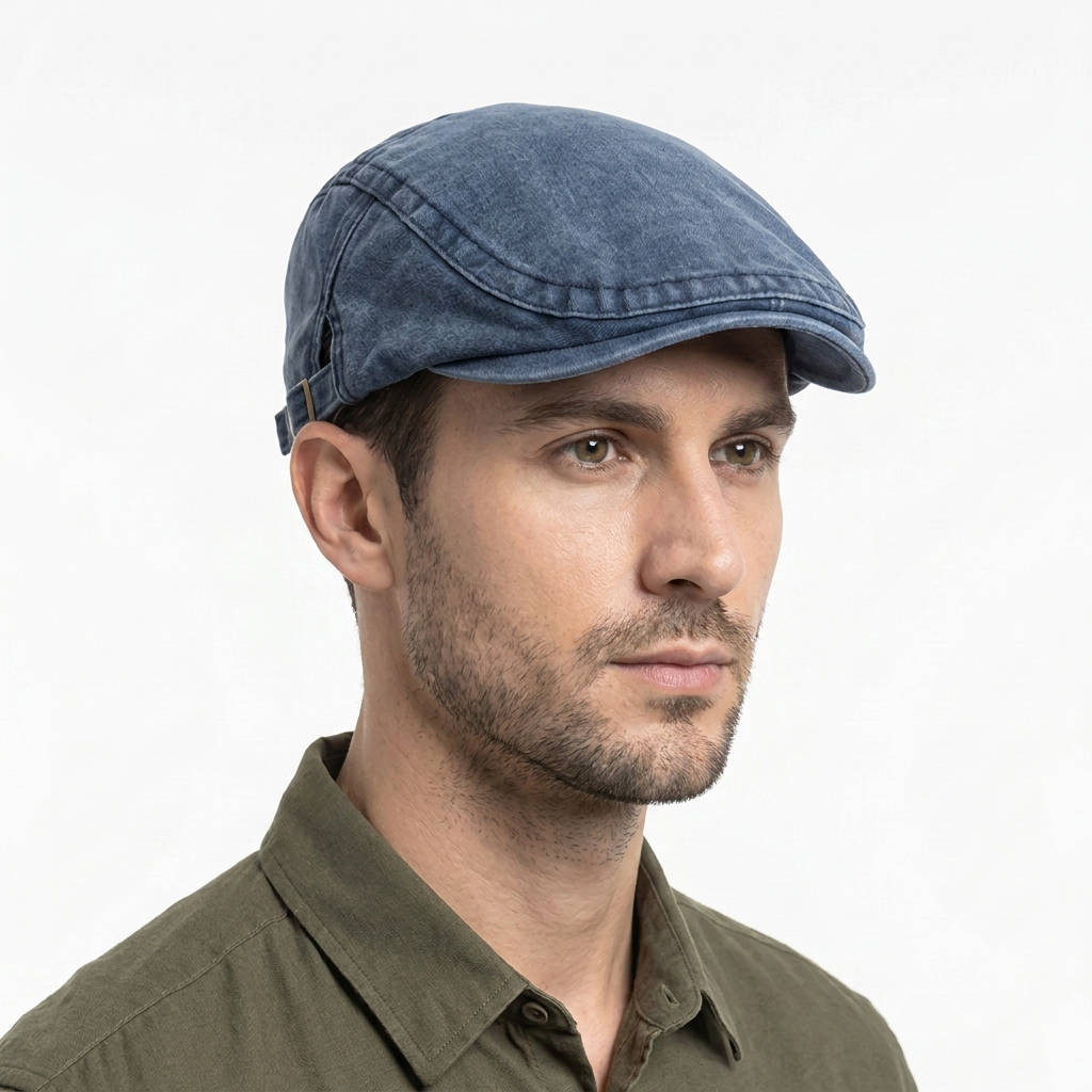 Washed Cotton Denim Newsboy Cap with Adjustable Interior Band and Eight Panel Design