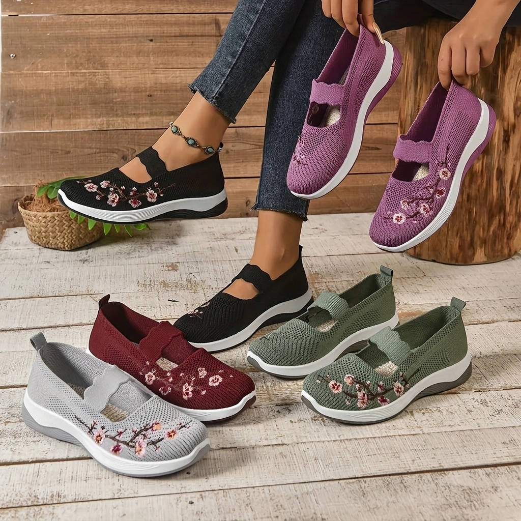 Breathable Mary Jane Sneakers with Floral Embroidery and Elastic Instep Strap