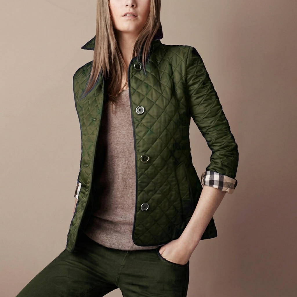 Womens Diamond Quilted Jacket with Stand Collar and Button Front, Hip Length