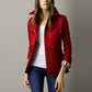 Womens Diamond Quilted Jacket with Stand Collar and Button Front, Hip Length