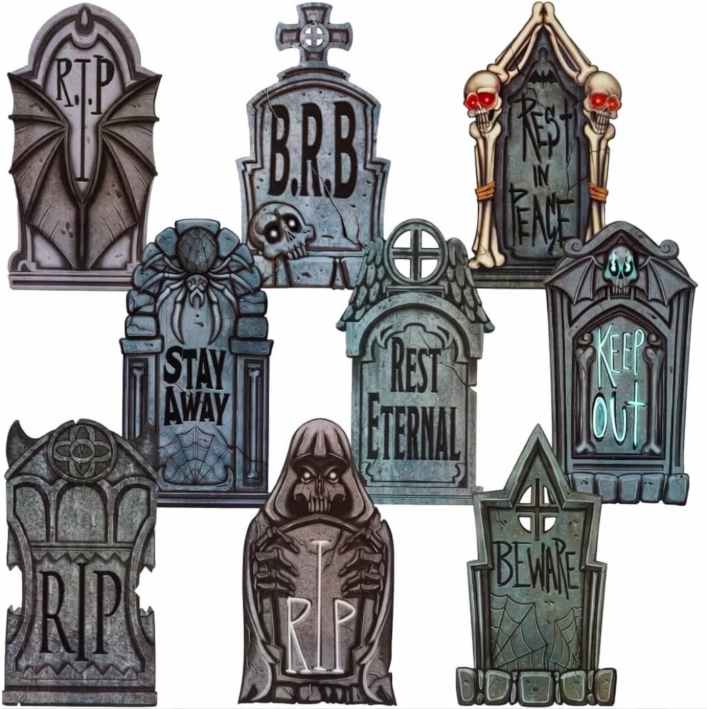9 PCS 16 Inch Halloween Tombstones, Plastic Graveyard Headstones with 18 Metal Stakes for Outdoor Yard Lawn and Party Decor