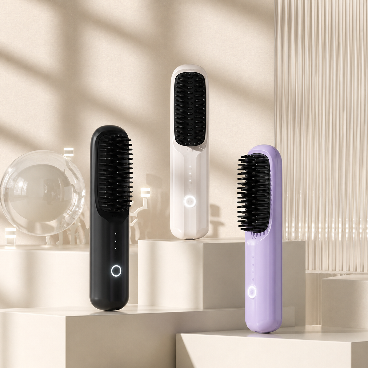 Rechargeable Hair Straightener Brush with Ceramic Teeth and Ion Release, Travel Pouch