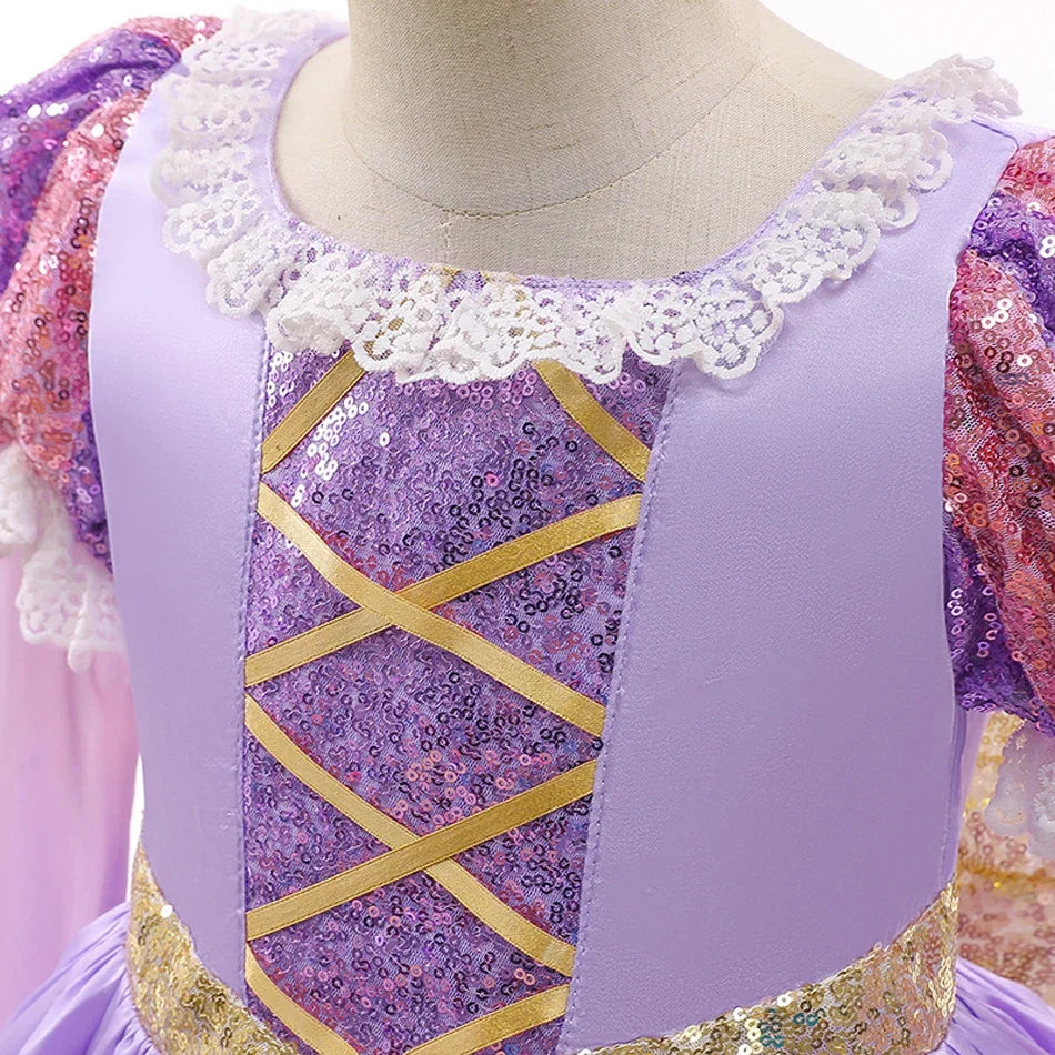 Girls Ball Gown Dress with Puff Sleeves and Applique Detailing, Mid Calf Length