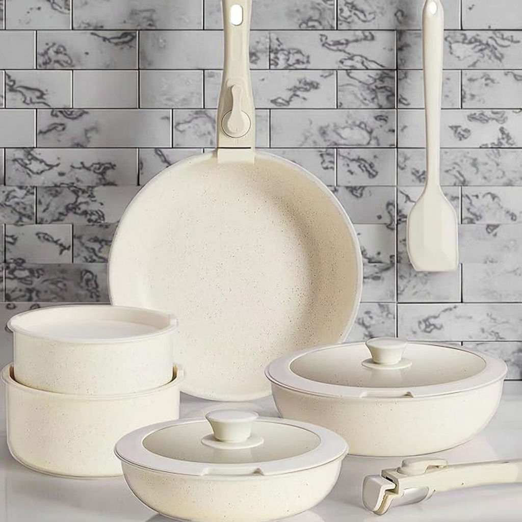 12 Piece Granite Non Stick Cookware Set, Ceramic Aluminum Pots and Pans, Detachable Handle, Stackable Induction Safe Cookware