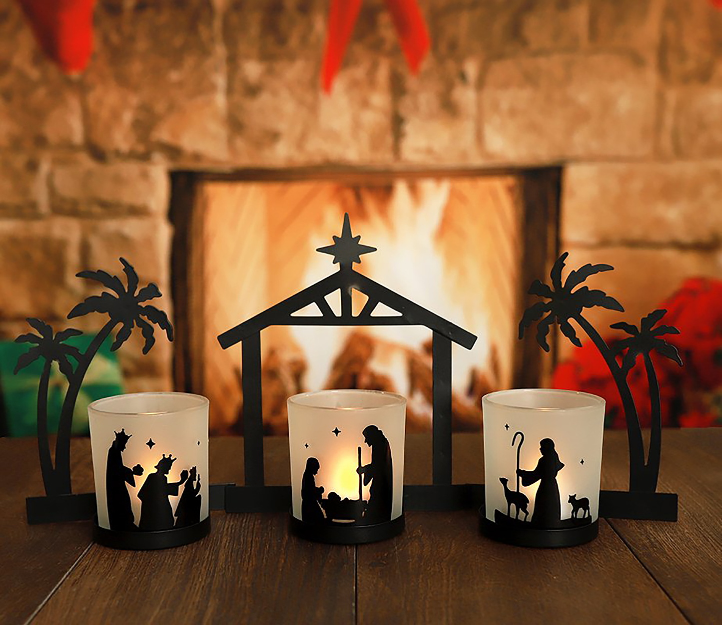 Metal Nativity Candle Set with LED Tealights and Glass Cups, Three-Piece Display