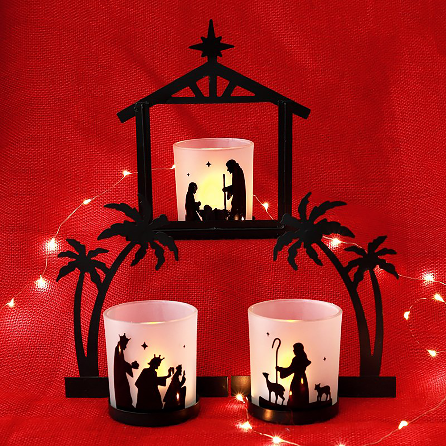 Metal Nativity Candle Set with LED Tealights and Glass Cups, Three-Piece Display