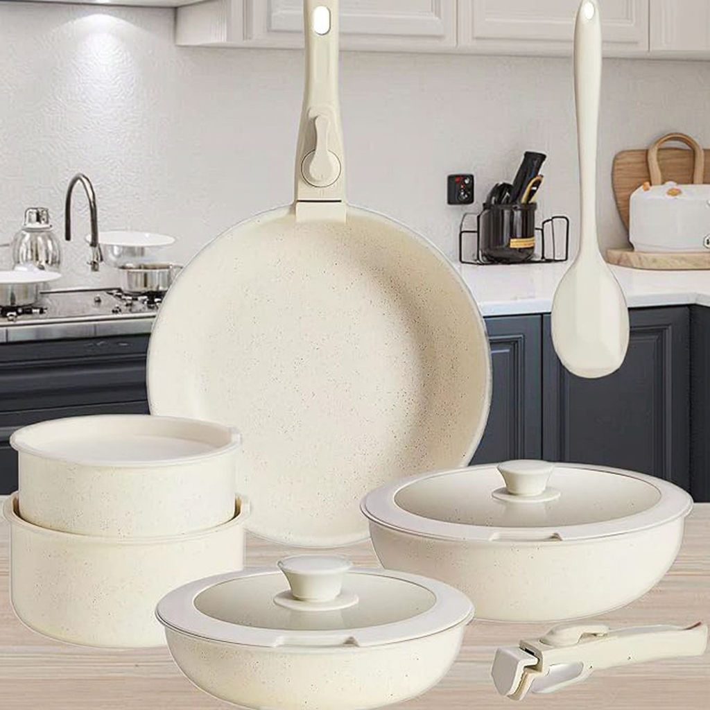 12 Piece Granite Non Stick Cookware Set, Ceramic Aluminum Pots and Pans, Detachable Handle, Stackable Induction Safe Cookware