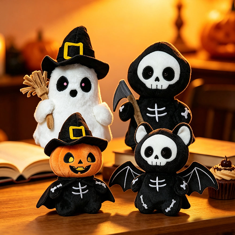 Soft Plush Halloween Characters with Embroidered Faces and Seasonal Designs