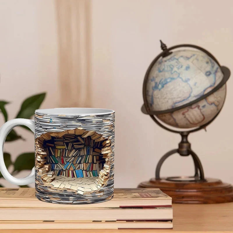 MGT 3D Library Bookshelf Mug, Ceramic Coffee Mug for Book Lovers