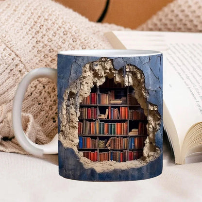 MGT 3D Library Bookshelf Mug, Ceramic Coffee Mug for Book Lovers