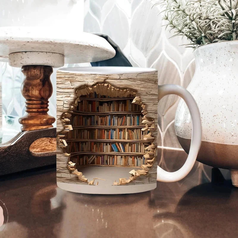 MGT 3D Library Bookshelf Mug, Ceramic Coffee Mug for Book Lovers