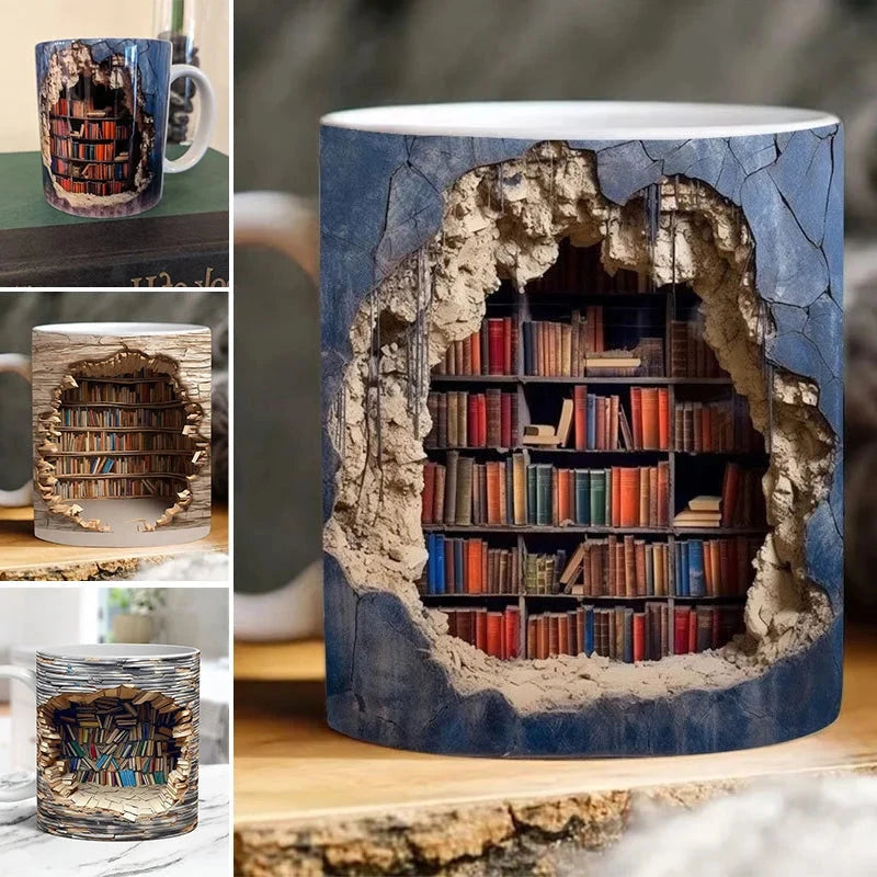 MGT 3D Library Bookshelf Mug, Ceramic Coffee Mug for Book Lovers