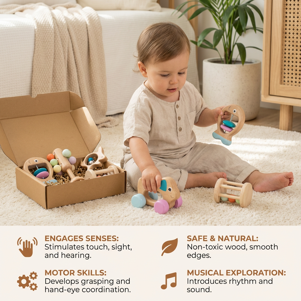 Wooden Baby Rattle Set with Soft Sounds and Multiple Shapes for Newborns