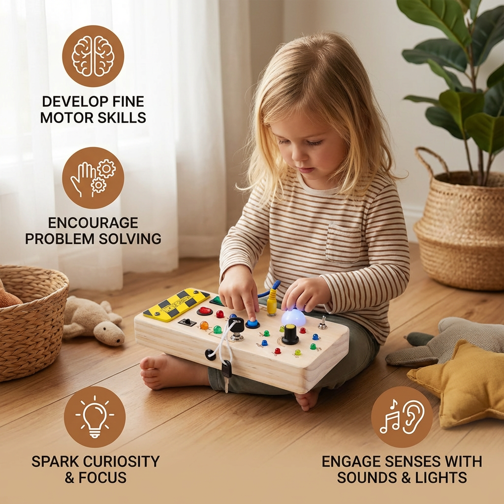 Wooden Sensory Board with Working Switches and LED Lights for Toddlers