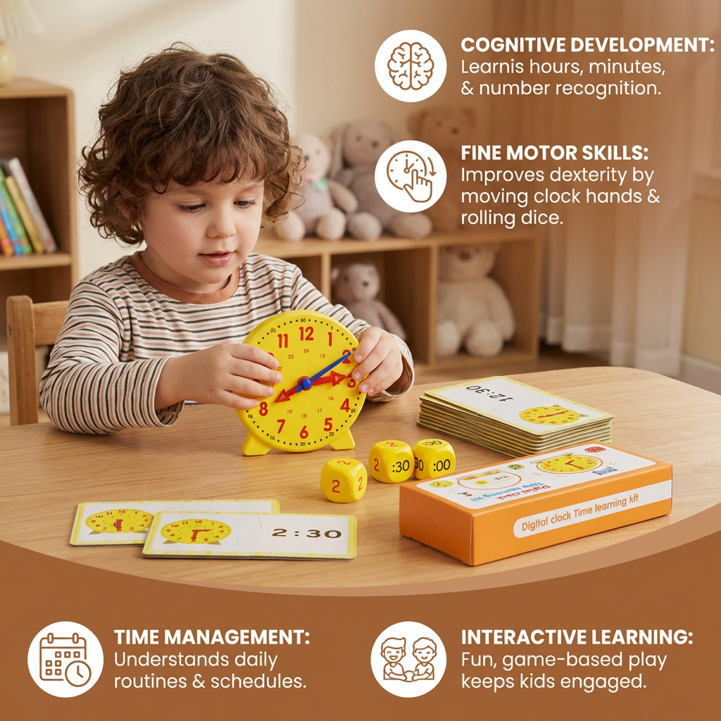 Interactive Time Teaching Clock with Movable Hands and Dice Game Cards