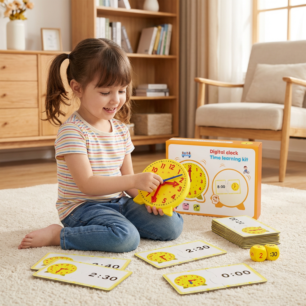 Interactive Time Teaching Clock with Movable Hands and Dice Game Cards