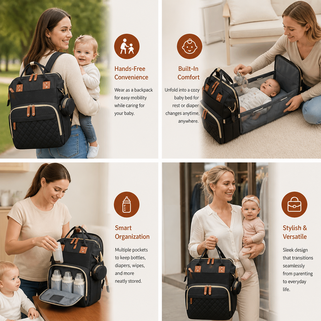 Convertible Diaper Backpack with Foldable Baby Bed and Changing Surface