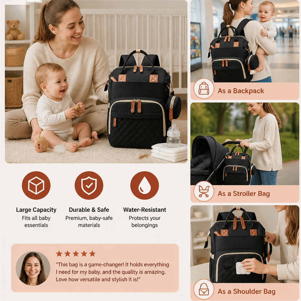 Convertible Diaper Backpack with Foldable Baby Bed and Changing Surface
