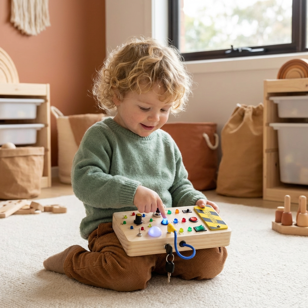 Wooden Sensory Board with Working Switches and LED Lights for Toddlers