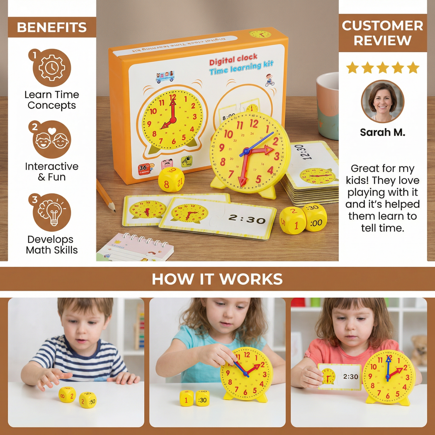 Interactive Time Teaching Clock with Movable Hands and Dice Game Cards