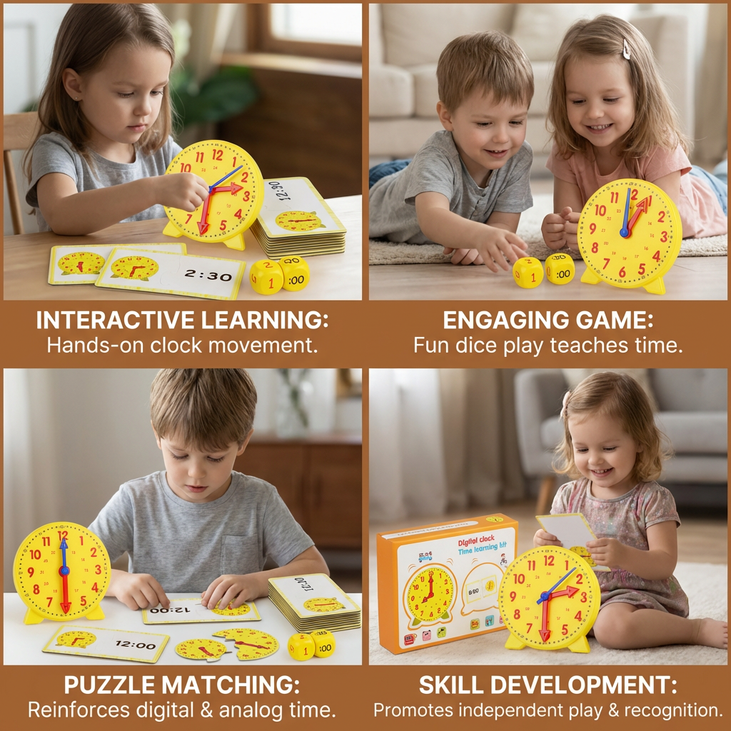 Interactive Time Teaching Clock with Movable Hands and Dice Game Cards
