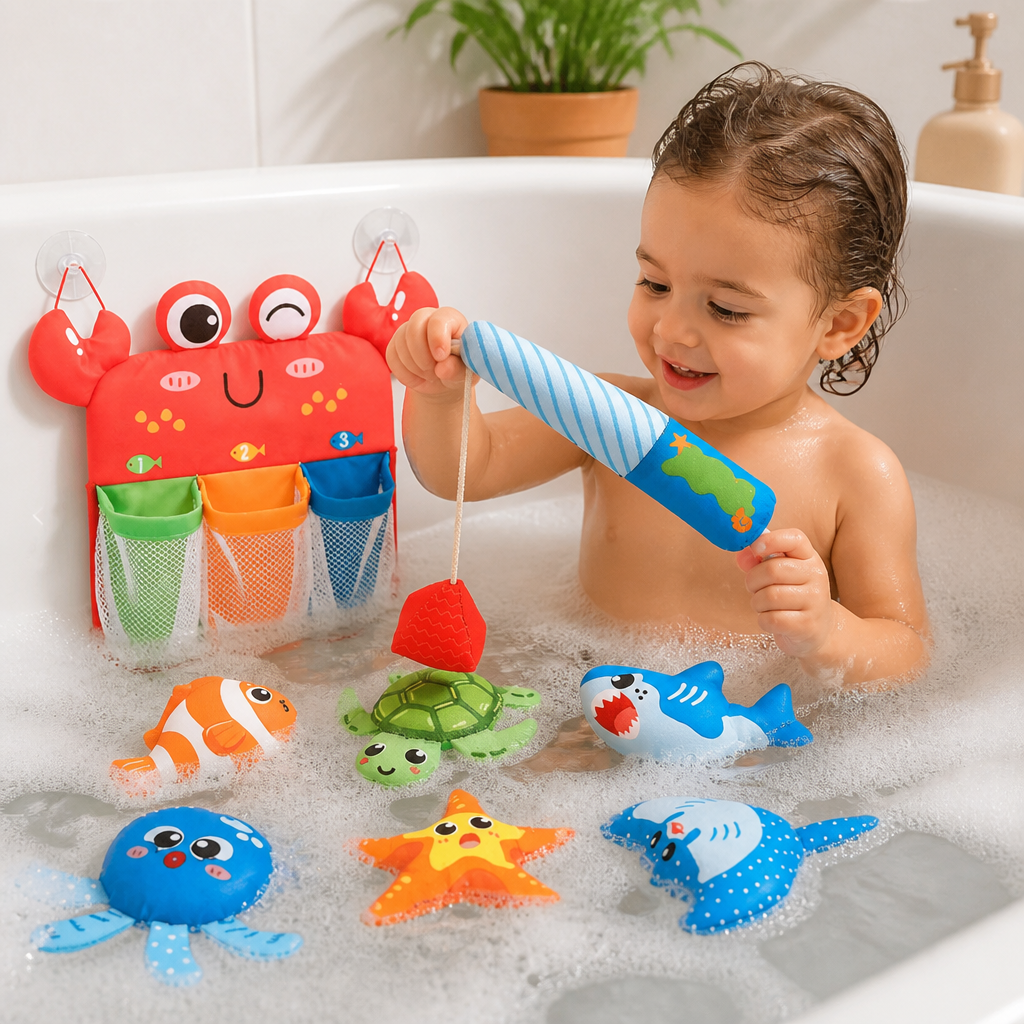 Magnetic Fishing Bath Toy Set with Floating Animals and Storage Net