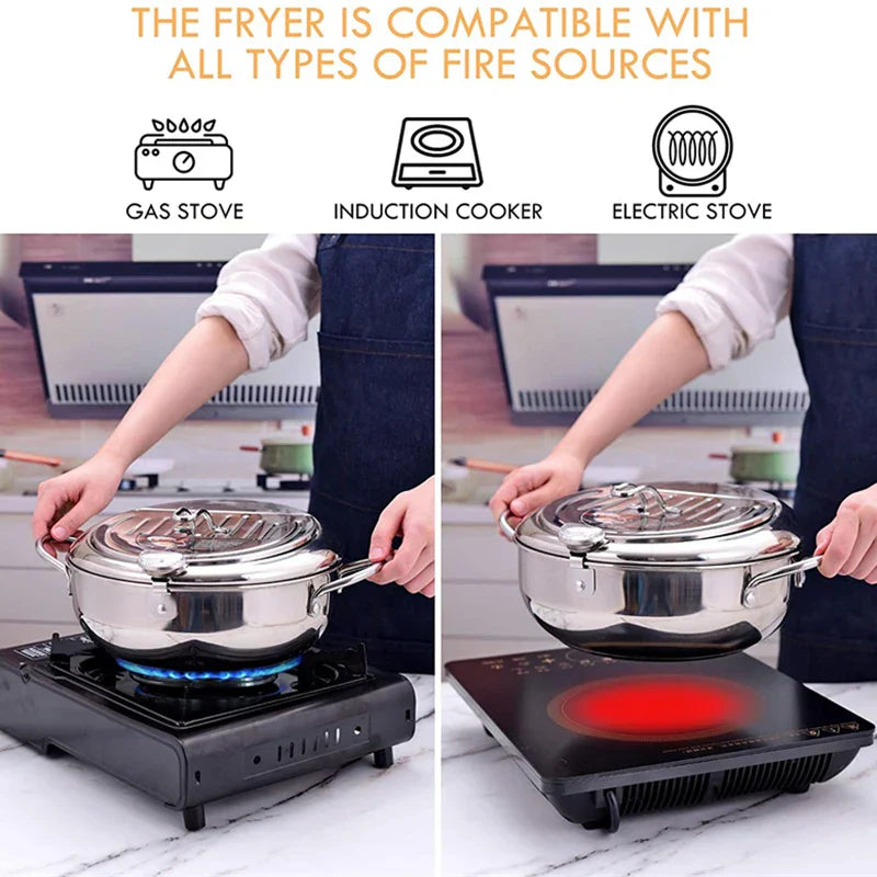 Stainless Steel Tempura Pan with Built-in Thermometer for Even Frying