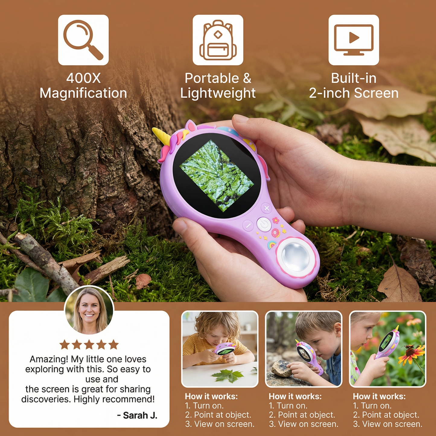 Handheld Digital Microscope with 500X Magnification and Built in IPS Screen for Kids