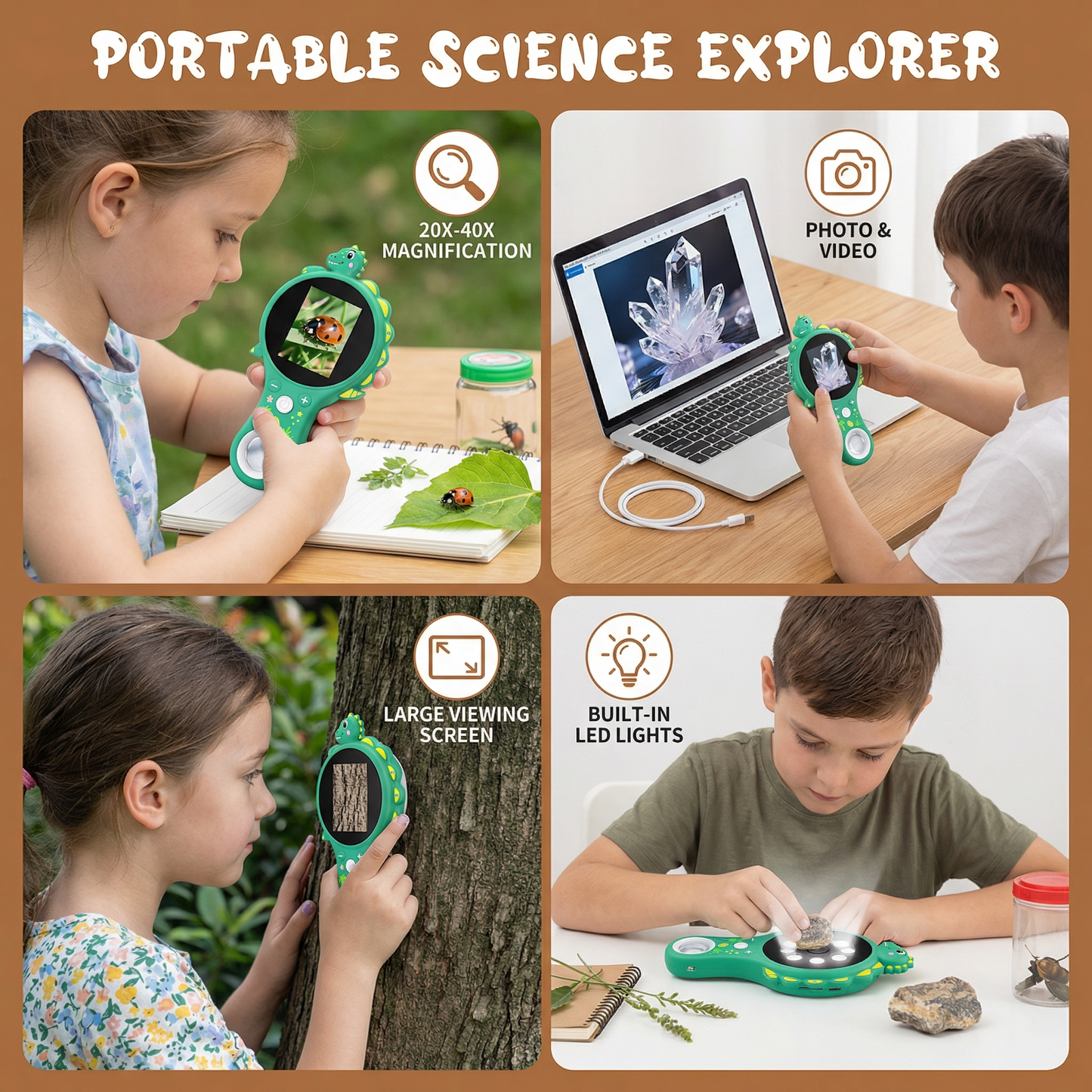 Handheld Digital Microscope with 500X Magnification and Built in IPS Screen for Kids
