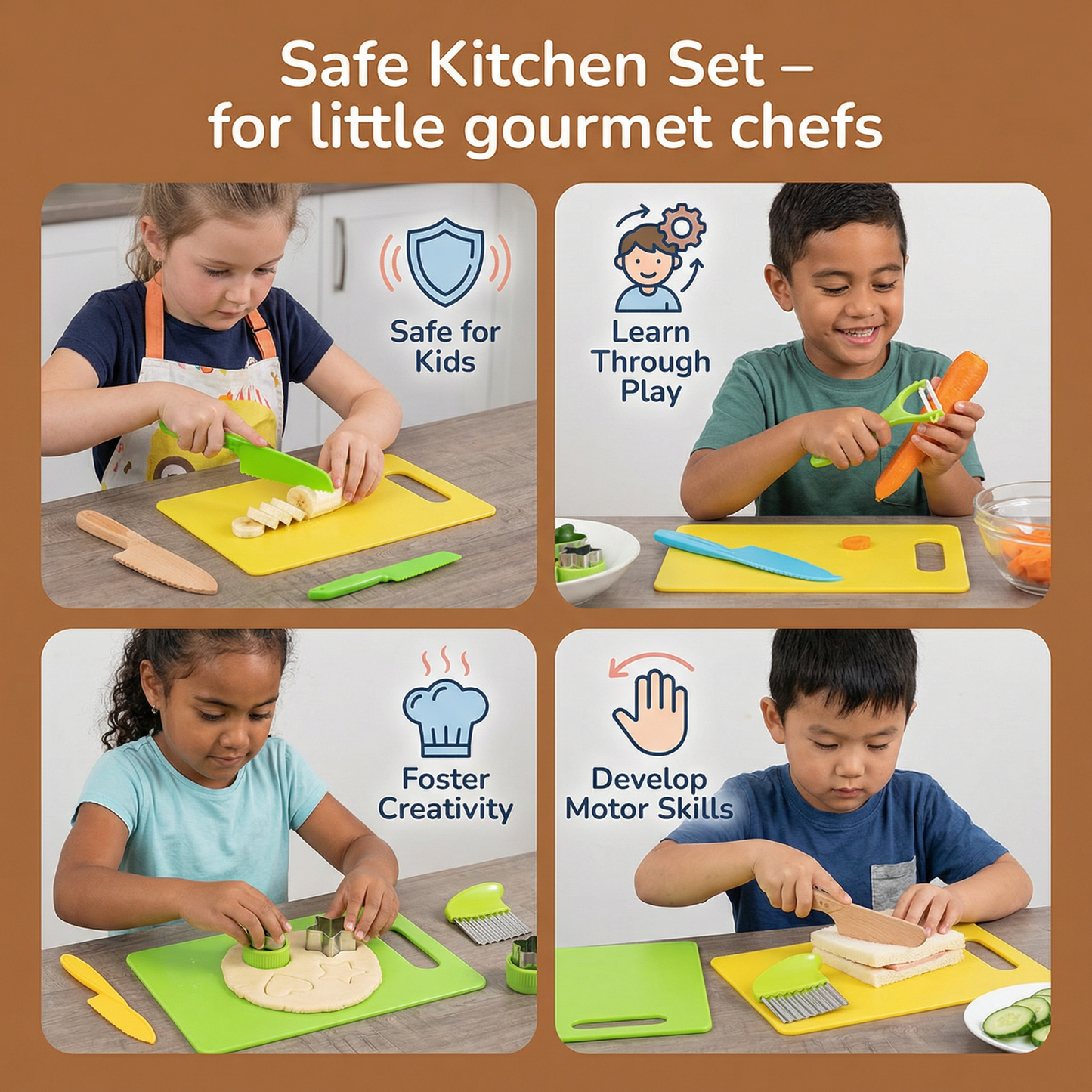 Childrens Play Kitchen Tool Set with Easy Grip Handles and Pretend Cooking Accessories